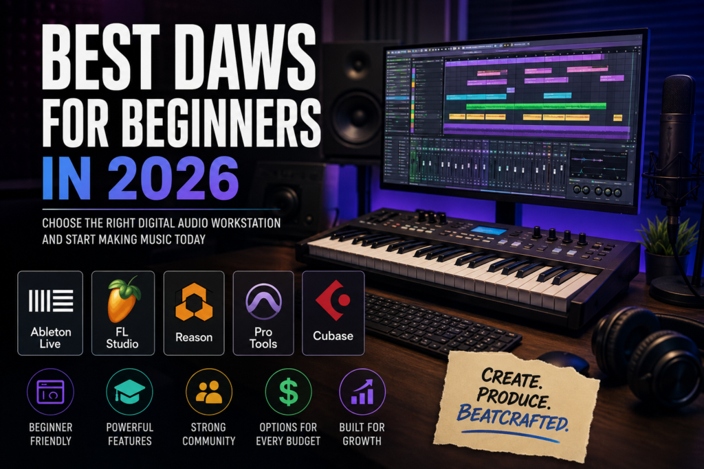 Beginner music producer choosing a digital audio workstation in a modern home studio setup with computer, MIDI keyboard, and music production software.