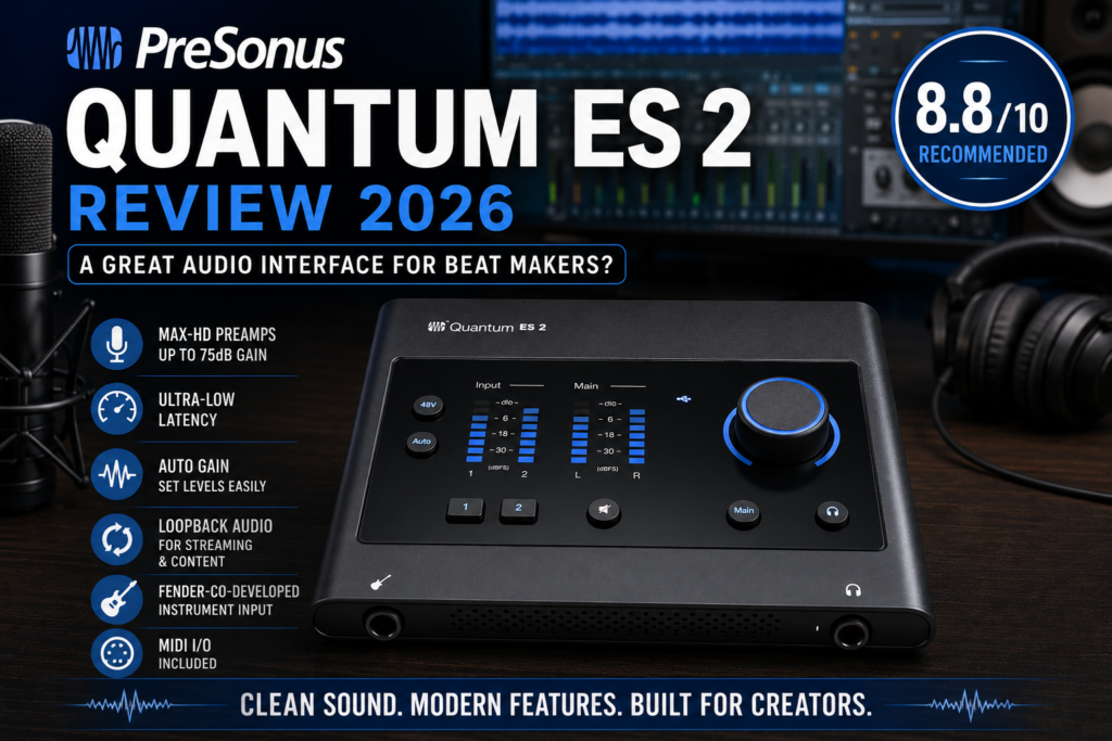 PreSonus Quantum ES 2 audio interface review hero image for music producers and beat makers